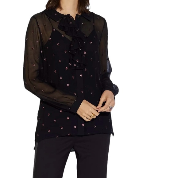 Coach Silk Blouse Black Long Sleeve Sheer Cami Ruffle Front Button Down Top New! - Picture 1 of 15